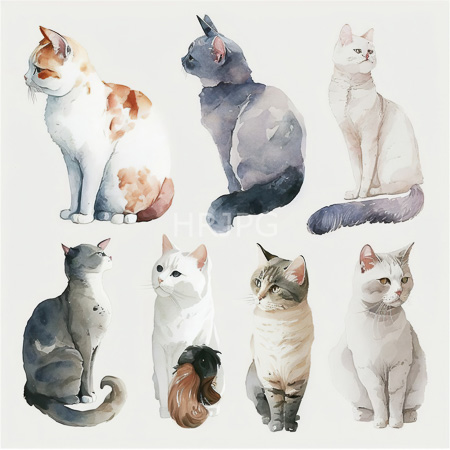 High Resolution: Watercolor painting features eight cats in various colors and postures including a calico with orange patches a dark blue-gray cat sitting upright and a pale cream-colored long-haired kitten download. | HRJPG.com