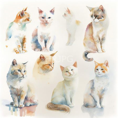 High Resolution: Watercolor painting features eight cats each with unique colors and postures including an orange tabby a calico kitten a gray-white cat and a multicolored tortoiseshell download. | HRJPG.com