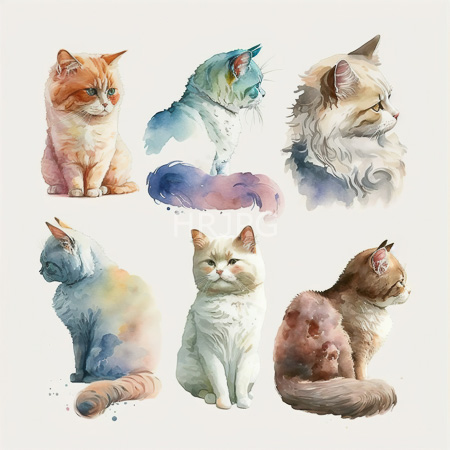 High Resolution: Watercolor painting features six fluffy cats in various poses and colors including an orange tabby with green eyes a blue-green cat looking sideways and a white-furred sitting kitty download. | HRJPG.com