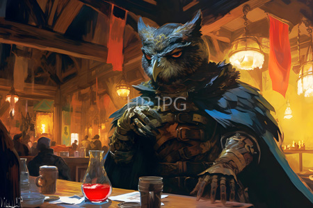 High Resolution: Anthropomorphic owl with blue feathers wears leather armor and a cloak in a medieval tavern setting with intense orange eyes gazing forward download. | HRJPG.com