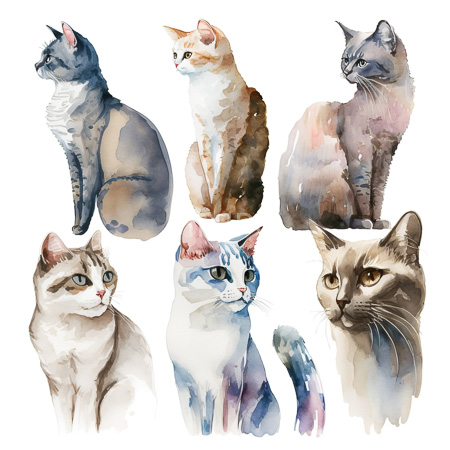 High Resolution: Watercolor-style illustration features six cats each depicted in different poses and colors including a blue-gray tabby an orange-white cat with pinkish hues and a gray-blue feline in profile download. | HRJPG.com