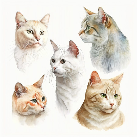 High Resolution: Watercolor illustration features five cats' head portraits each with distinct fur colors and patterns including an orange tabby a grey-striped cat and a pure-white short-haired cat download. | HRJPG.com