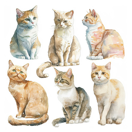 High Resolution: Watercolor painting features six cats each with distinct fur patterns and colors including orange tabby to calico sitting in various poses download. | HRJPG.com