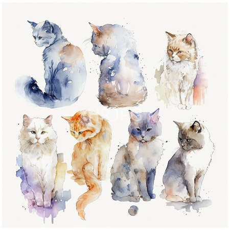 High Resolution: Watercolor painting features seven cats in various poses with soft pastel hues and delicate brushstrokes including blue-gray orange-tabby cream-white and gray-blue tabbies download. | HRJPG.com