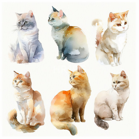 High Resolution: Watercolor painting features six cats each with distinct colors and postures including a gray-blue cat a multicolored calico and an orange-white tabby download. | HRJPG.com