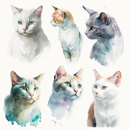 High Resolution: Watercolor-style illustration features six cats each depicted in profile or three-quarter view with soft color washes and delicate brushstrokes download. | HRJPG.com