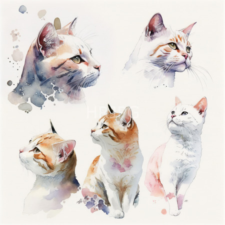 High Resolution: Watercolor illustration features five cats each depicted in different poses and angles with subtle splashes of color and a grayish-furred cat in profile view gazing forward download. | HRJPG.com