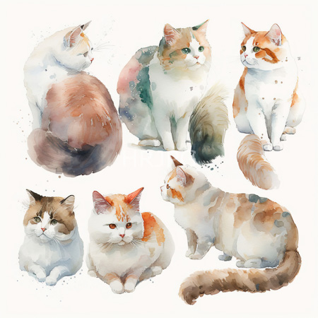High Resolution: Watercolor painting features six calico cats with varying fur patterns and colors including white orange and brown patches sitting or lying in different poses download. | HRJPG.com