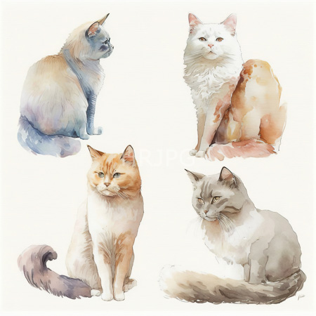 High Resolution: Watercolor painting features four cats each with distinct fur colors and textures including a blue-gray tabby a white long-haired cat and an orange-tabby download. | HRJPG.com