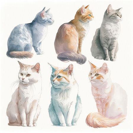 High Resolution: Watercolor painting features six cats each with distinct fur colors and patterns sitting in various poses including a blue-gray cat an orange tabby and a gray-striped feline download. | HRJPG.com