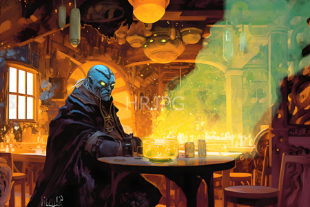 High Resolution: Alien with blue skin wears dark robes and intricate jewelry sitting at a wooden table in a dim medieval-style tavern illuminated by warm yellow-green light from a glowing bowl download. | HRJPG.com