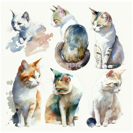 High Resolution: Watercolor painting features six cats in various poses showcasing their distinct fur patterns and colors including white with gray stripes calico orange tabby and a green-eyed tortoiseshell download. | HRJPG.com