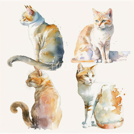 High Resolution: Watercolor painting features four cats each in different poses and colors including a blue-gray cat an orange tabby and a brown-orange calico with a curled tail download. | HRJPG.com