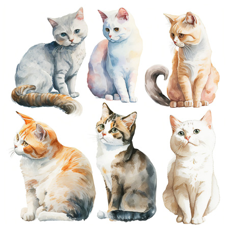 High Resolution: Watercolor painting features six cats each with distinct colors and patterns sitting against a white background including a gray tabby cat a light blue-white calico kitten and an orange-striped cream-colored cat download. | HRJPG.com