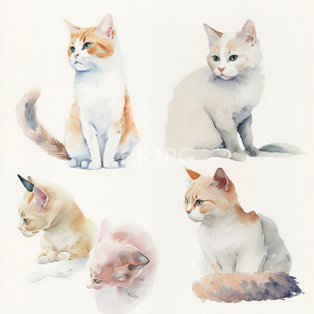 High Resolution: Watercolor painting features five cats with varied fur patterns and colors including an orange tabby a white calico a cream tortoiseshell and a pale pink kitten headshot download. | HRJPG.com