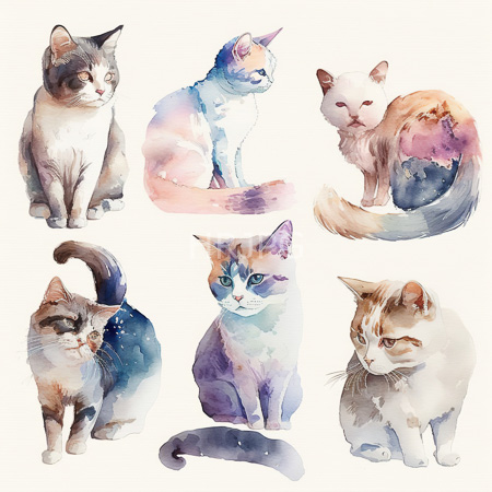 High Resolution: Watercolor painting features six cats each with unique fur patterns and colors including gray-white blue-pink gradient white-orange tabby mixtures and a calico-blue patterned cat download. | HRJPG.com