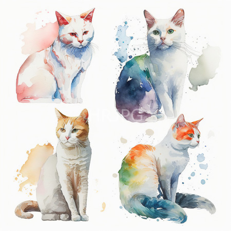 High Resolution: Watercolor painting features four cats each with unique color patterns and expressions including a cat with red markings on cream fur a green-eyed gray-white feline and an orange-and-cream cat download. | HRJPG.com