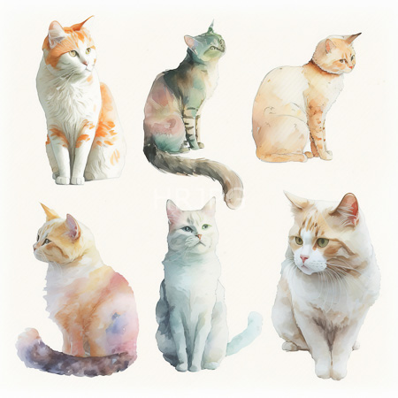 High Resolution: Watercolor painting features six cats each with unique colors and postures including an orange-and-cream cat a green-striped kitten and a light-orange tabby curled up download. | HRJPG.com
