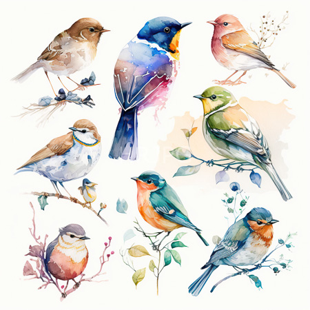 High Resolution: Watercolor illustration features twelve colorful birds perched on branches showcasing various species and vibrant hues including blue pink green yellow-orange plumage download. | HRJPG.com