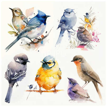 High Resolution: Watercolor painting features eight birds in various poses and colors including blue jays with vibrant blues and yellows gray sparrows and brownish tan finches download. | HRJPG.com