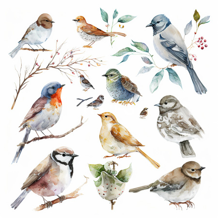 High Resolution: Watercolor illustration features twelve diverse birds each perched on thin branches or leaves with delicate green and brown foliage accents including blue-gray finches to orange-breasted robins download. | HRJPG.com