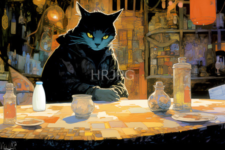 High Resolution: Anthropomorphic black feline with glowing yellow eyes wears a dark hoodie and sits at a cluttered table in a dim-lit shop filled with bottles and jars download. | HRJPG.com