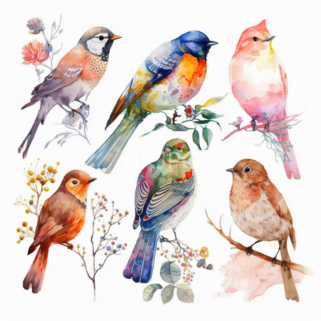 High Resolution: Watercolor illustration features seven colorful birds perched on branches with delicate flowers and leaves showcasing varied bird species in vibrant hues including blue-green pink-red-orange-brown tones download. | HRJPG.com