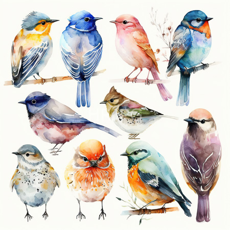High Resolution: Watercolor painting features twelve colorful birds each perched on thin branches against an off-white background exhibiting varied hues including blue pink orange green and brown download. | HRJPG.com