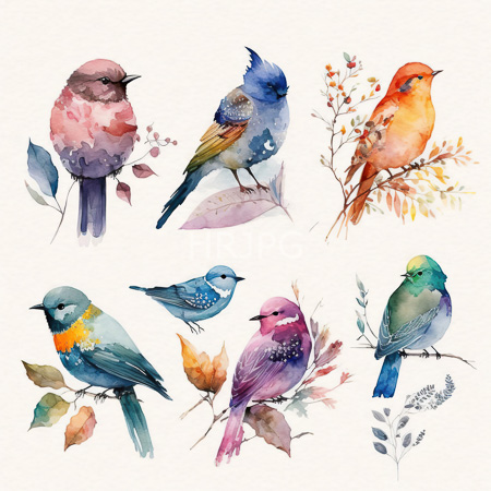 High Resolution: Watercolor painting features eight colorful birds each with unique plumage and perched on delicate branches adorned by small leaves in various shades download. | HRJPG.com