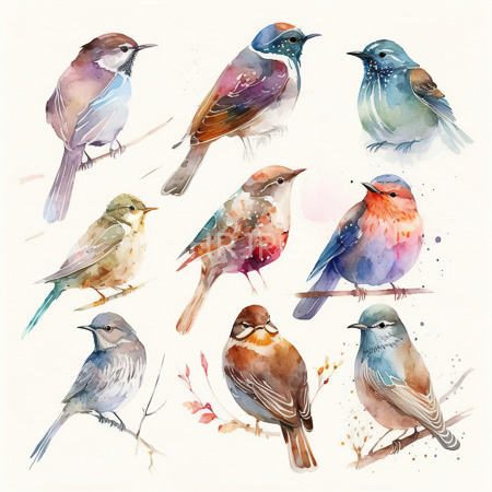 High Resolution: Watercolor painting features twelve small birds each with unique color patterns and perched on thin branches against an off-white background download. | HRJPG.com