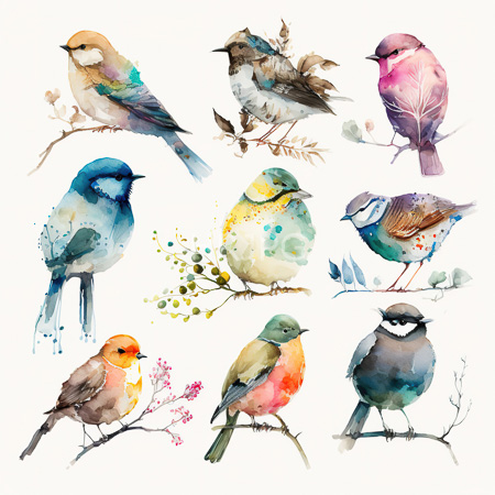 High Resolution: Watercolor painting features twelve diverse birds each with unique color patterns and perched on thin branches including a blue jay-like bird a brownish sparrow and a pink-breasted finch download. | HRJPG.com