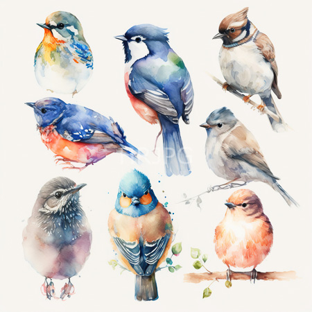High Resolution: Watercolor painting features nine colorful birds each with unique plumage and postures including a blue jay-like bird wearing berries as a necklace download. | HRJPG.com