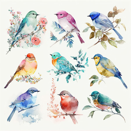 High Resolution: Watercolor illustration features nine colorful birds perched on branches with leaves and flowers each in vibrant hues like pink blue green yellow-orange-red download. | HRJPG.com