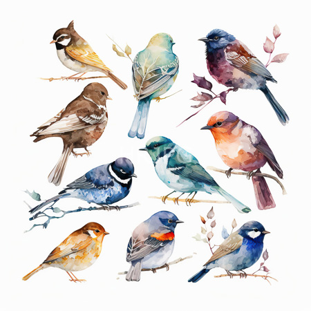High Resolution: Watercolor painting features twelve diverse birds each perched on thin branches against a white background with colors ranging from brown and blue to greenish-blue with orange accents download. | HRJPG.com