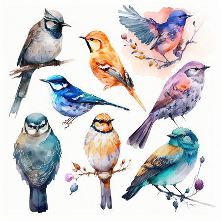 High Resolution: Watercolor-style illustration features eight colorful birds perched on branches showcasing various species and vibrant hues including blues oranges purples greens download. | HRJPG.com