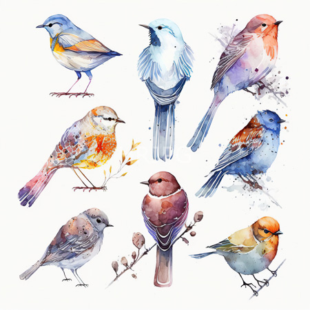 High Resolution: Watercolor illustration features eight colorful birds each with unique feather patterns and hues including bluebirds and an orange-brown bird splattered with paint-like effects download. | HRJPG.com