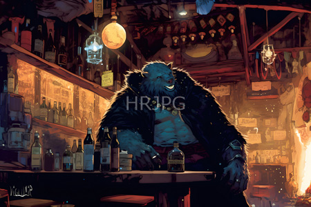 High Resolution: Anthropomorphic blue bear bartender with a muscular build wears a black fur coat and a necklace standing behind a dim-lit wooden bar filled with bottles download. | HRJPG.com