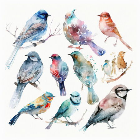 High Resolution: Watercolor painting features twelve diverse birds each with unique color patterns and perched on thin branches including a blue jay-like bird a red-breasted robin and a black-capped chickadee download. | HRJPG.com