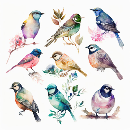 High Resolution: Watercolor illustration features nine colorful birds each with unique plumage and perched on delicate branches or flowers against a white background download. | HRJPG.com