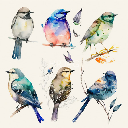 High Resolution: Watercolor painting features seven colorful birds perched on branches with delicate butterflies nearby each bird features vibrant hues like blue green pink and gray download. | HRJPG.com