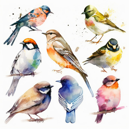 High Resolution: Watercolor painting features nine colorful birds perched on branches each with unique patterns and hues including a blue jay-like bird a green-yellow sparrow and a vivid black-capped chickadee download. | HRJPG.com