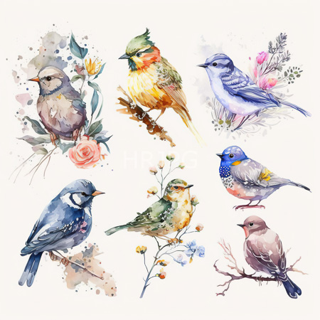 High Resolution: Watercolor illustration features eight colorful birds each with unique plumage and perched on branches or flowers with soft pastel hues like blues greens yellows pinks download. | HRJPG.com