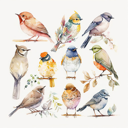High Resolution: Watercolor illustration features twelve diverse birds each with unique colors and patterns perched on branches including cardinals finches and sparrows with detailed textures download. | HRJPG.com