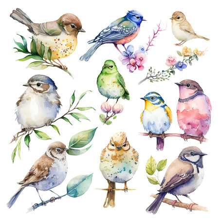 High Resolution: Watercolor illustration features twelve colorful birds each with unique plumage and perched on branches or leaves including a bluebird finch and sparrows surrounded by delicate flowers download. | HRJPG.com