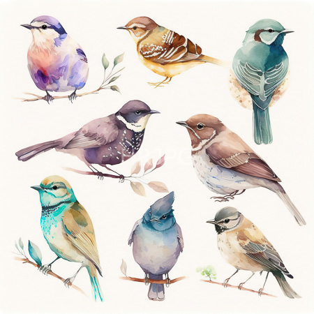High Resolution: Watercolor illustration features nine diverse birds perched on branches showcasing vibrant and soft color palettes including a blue jay-like bird and a teal-green finch download. | HRJPG.com