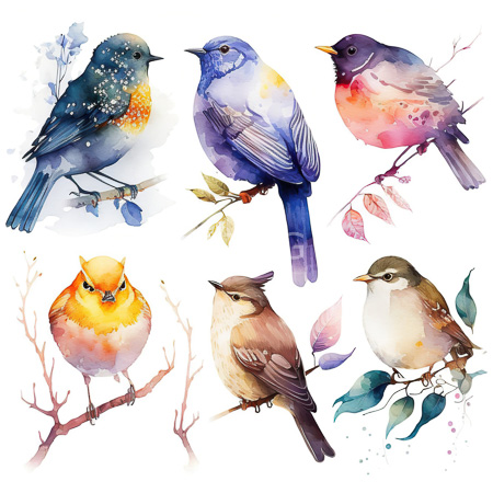 High Resolution: Watercolor illustration features six colorful birds perched on branches each with unique plumage and hues including a bluebird a yellow-breasted bird and a pinkish-red sparrow-like creature download. | HRJPG.com