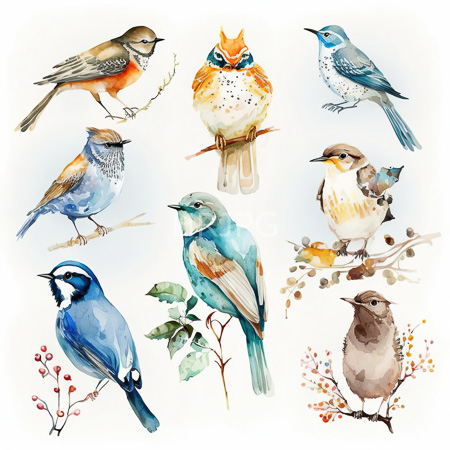 High Resolution: Watercolor illustration features nine diverse birds perched on branches including a blue jay with a black crest an orange-breasted bird and a grayish-brown sparrow-like species download. | HRJPG.com