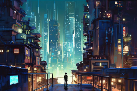 High Resolution: Atmospheric futuristic cityscape at night with neon lights and towering skyscrapers lining a narrow alleyway where a silhouetted lone figure stands at the center foreground download. | HRJPG.com