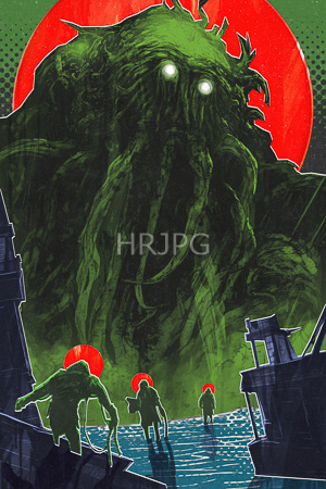 High Resolution: Four green humanoid figures with red sun-like circles on their heads stand in water between dark ruins under an enormous shadowy creature's gaze download. | HRJPG.com