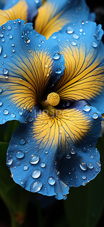 High Resolution: Vibrant blue and yellow iris flower adorned with numerous water droplets on its petals with a prominent orange-yellow central stamen against a deep royal-blue background download. | HRJPG.com